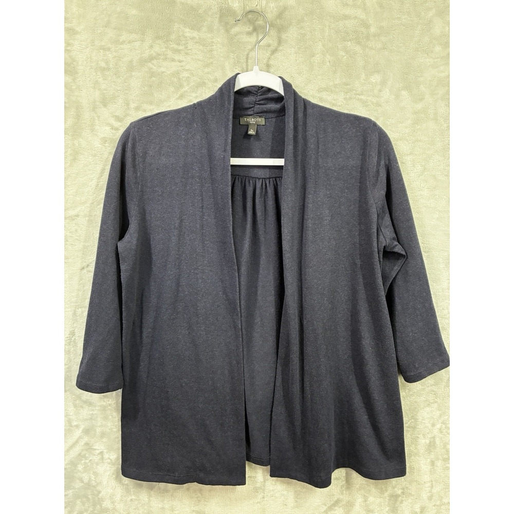 Talbots Petites Navy Blue Open Front Cardigan 3/4 Sleeve Gathered Back SP